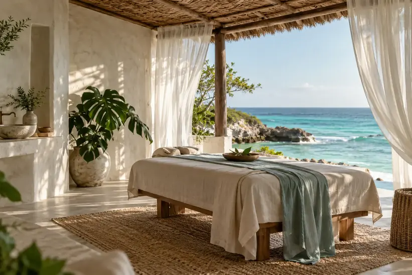 A quiet treatment room, softened by natural light