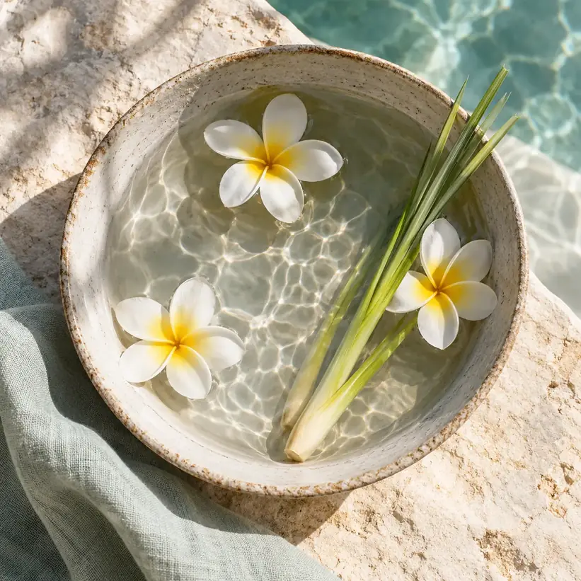 A ceramic bowl with water and petals